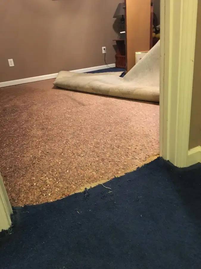 Carpet pad removal revealing water damage during Water Mitigation Services in Delray Beach
